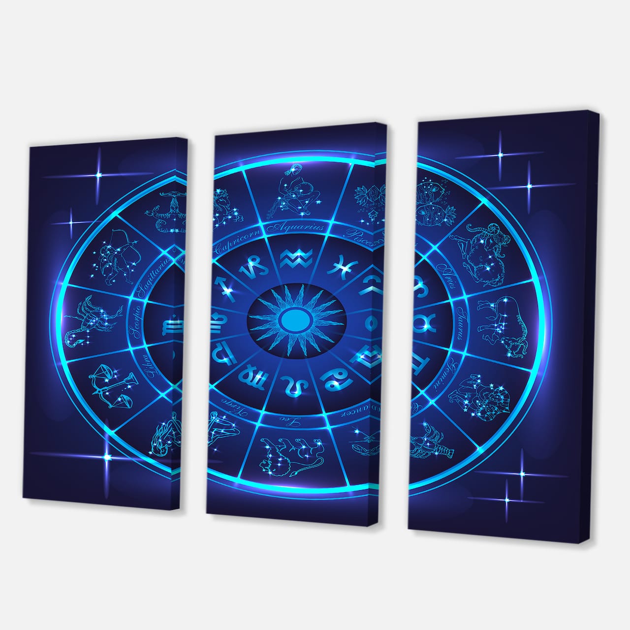 Designart - Neon Deep Blue Horoscope Circle With Zodiac Signs - Modern Canvas Wall Art Print